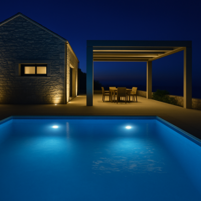 Piscina iluminada azul junto a casa de pedra com varanda e móveis de madeira à noite
