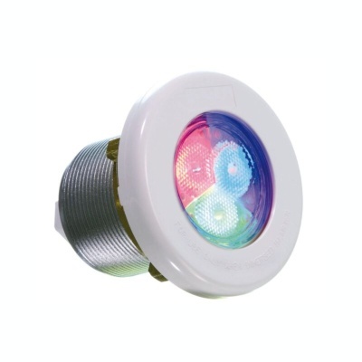 Foco LED embutido com lente colorida e corpo metálico.