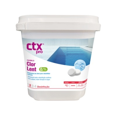 Embalagem de pastilhas de cloro para piscina CTX pro com imagem da piscina