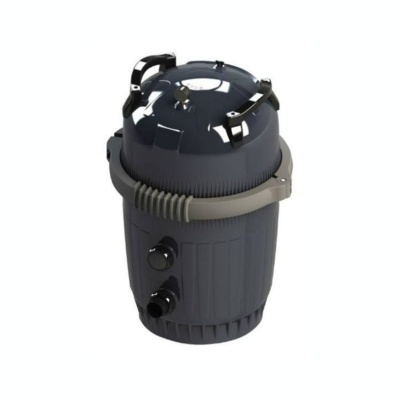 Filtro de piscina redondo cinzento com tampo preto e pegas.
