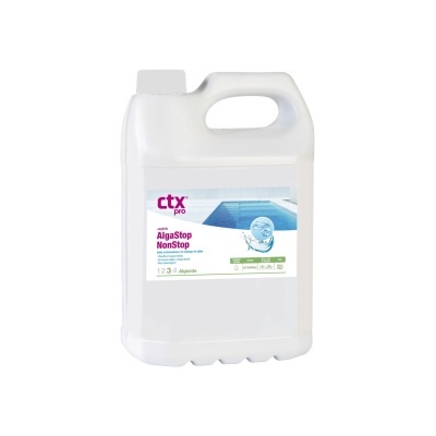 Recipiente branco de plástico para produto químico de piscina com rótulo azul e branco