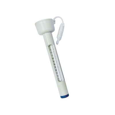 Termómetro de piscina branco com cordão e escala em Fahrenheit