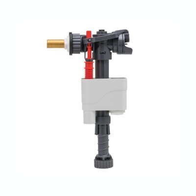 Mecanismo de peça sanitária com peças em plástico cinzento, vermelho e branco e rosca metálica dourada.
