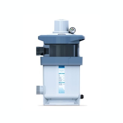 Filtro de piscina branco e azul com manómetro e etiqueta NanoFiber 200