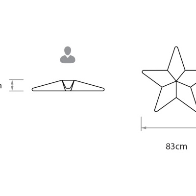 Desenho técnico de uma peça em formato de estrela com medidas de 83 cm e 20 cm