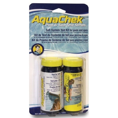 Kit de teste AquaChek para piscinas com dois frascos pretos em embalagem de cartão azul e branco