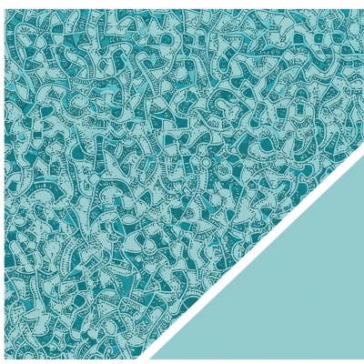 Padrão têxtil abstrato em azul com tecido sólido azul claro ao lado.