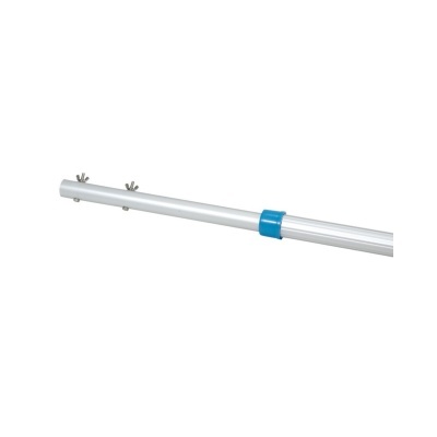 Tubo metálico com porcas borboleta e anel azul em fundo branco