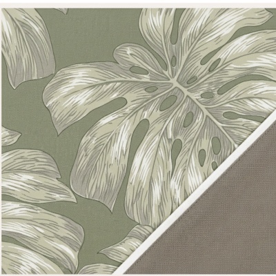 Tecido estampado com folhas grandes em branco e bege sobre fundo verde com bainha bordada