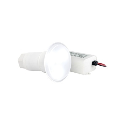 Sensor infravermelho branco com cabo preto e vermelho em fundo branco.