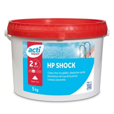 Recipiente plástico branco com tampa vermelha e rótulo de produto para piscina