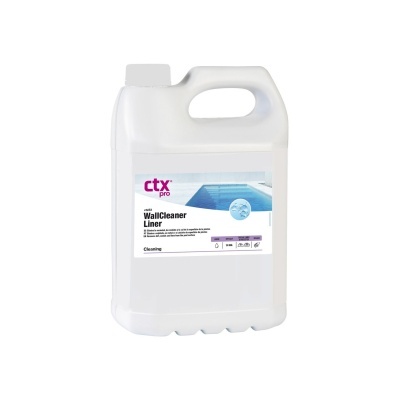 Recipiente branco de produto para limpeza de piscinas com etiqueta azul e texto