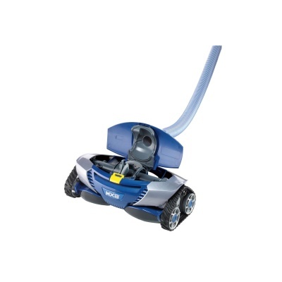 aspirador azul e cinzento com tampa aberta e tubo flexível
