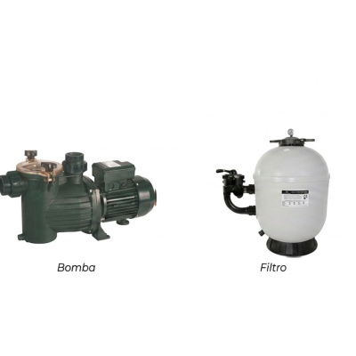 Bomba verde e filtro branco com válvulas e manómetro