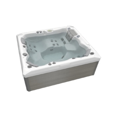 Banheira de hidromassagem branca com jatos de água e encostos cinza.