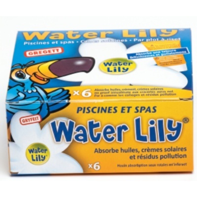 Embalagem do produto Water Lily para piscinas e spas com pássaro azul e branco e texto em francês