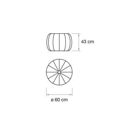 Desenho técnico de um pufe redondo com dimensões 60 cm de diâmetro e 43 cm de altura