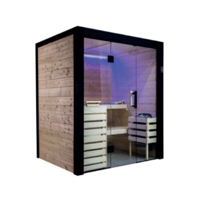 Cabine para sauna moderna em madeira clara com portas de vidro
