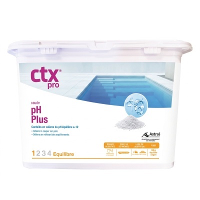 Embalagem de produto em pó branco com rótulo azul e branco com texto ctx pro pH Plus.