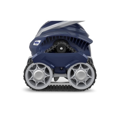 Aparelho azul e cinza com rodas, lagartas e etiqueta MX10