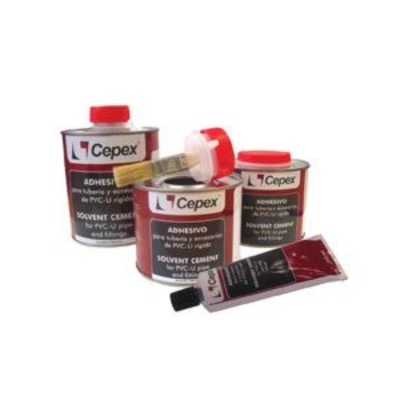 Conjunto de latas e tubos de cola solvente Cepex com pincel.