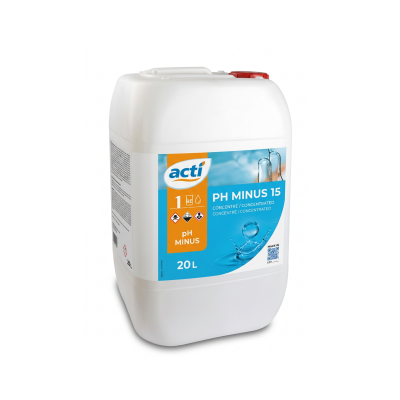 Bidão branco de plástico com etiqueta azul e laranja pH MINUS 15