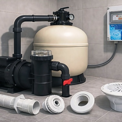 Equipamentos e acessórios para piscina instalados em ambiente com azulejos cinza