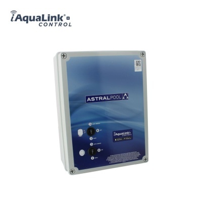 Painel de controlo para piscinas AstralPool iAquaLink Control com caixa branca e frente azul
