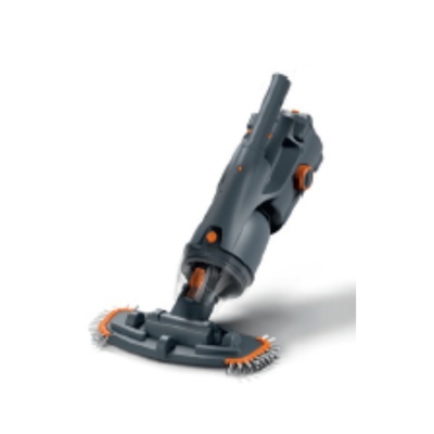 Aspirador vertical cinza com detalhes laranja e escovas