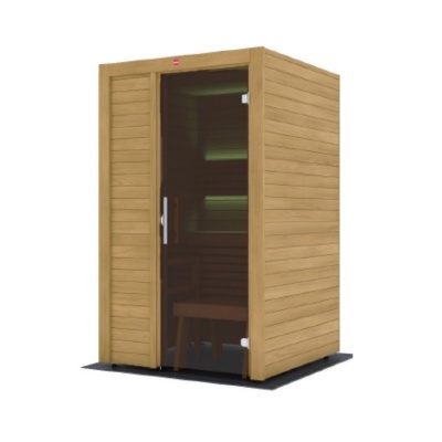 Cabine de sauna em madeira clara com porta de vidro