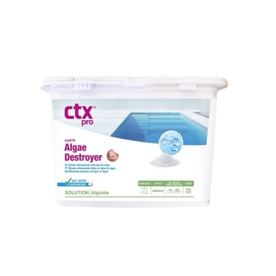 Recipiente branco com rótulo de produto para piscina anti-algas