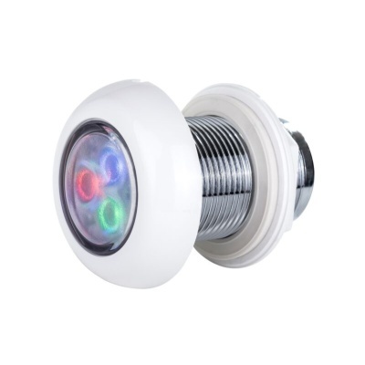 Luz subaquática redonda branca com prismático colorido e parte metálica.