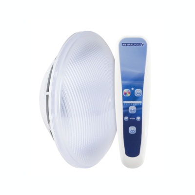 Luz subaquática branca com painel azul e branco e texto ASTRALPOOL