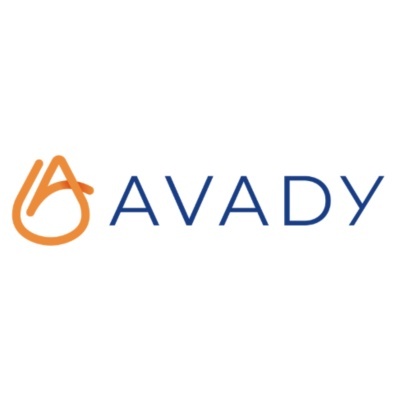 Logotipo AVADY com símbolo laranja e texto azul em fundo branco.