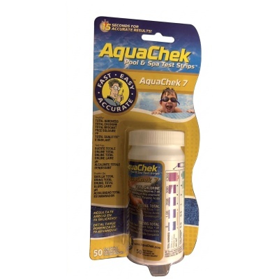 Teste para piscinas AquaChek 7 com embalagem azul e amarela e frasco branco