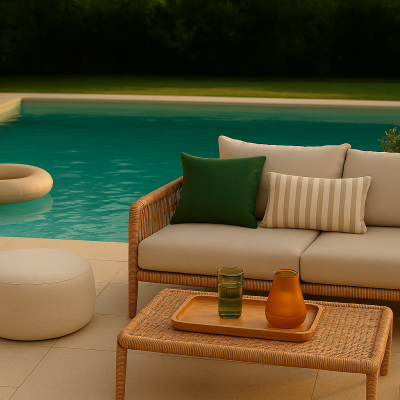 Sofá de vime bege com almofadas, mesa baixa com bandeja e copos, puff e piscina com boia bege, ao ar livre.