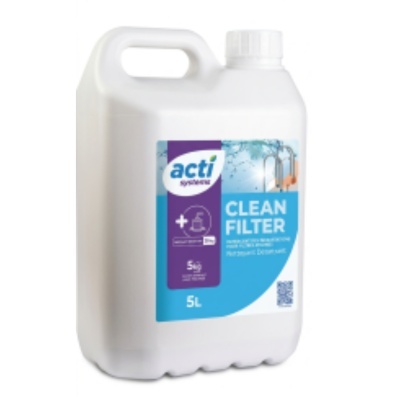 Recipiente plástico branco para limpeza de filtros com etiqueta azul e roxa