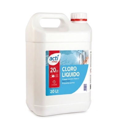 Recipiente branco de plástico com rótulo azul e branco indicando cloro líquido