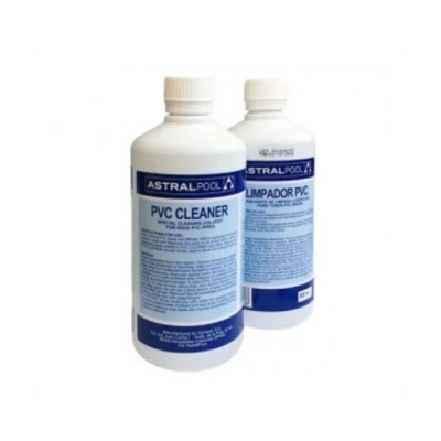 Dois frascos de plástico com rótulos azuis com texto ASTRALPOOL e PVC CLEANER e LIMPADOR PVC