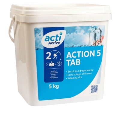 Embalagem plástica branca de 5 kg com rótulo azul indicando acti Active ACTION 5 TAB e imagem de copo com água.