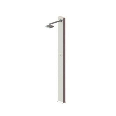 Duche exterior com cabeça quadrada em metal prateado e estrutura branca