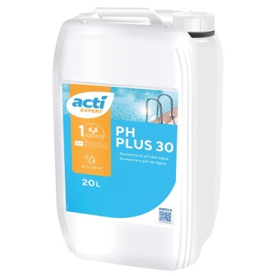 Recipiente plástico branco para produto PH PLUS 30 com rótulo azul e laranja de solução para piscina