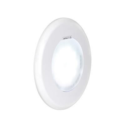 Luz redonda branca com centro iluminado azul e etiqueta ASTRALPOOL.