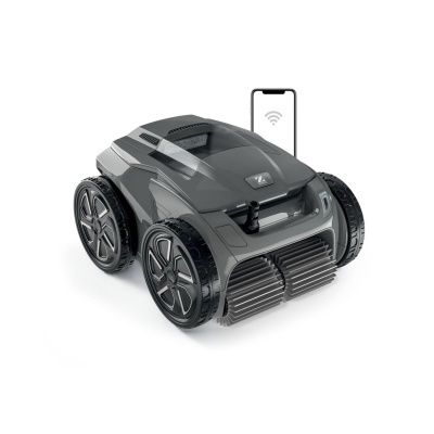 Robô aspirador cinza escuro com quatro rodas e smartphone com ícone de Wi-Fi