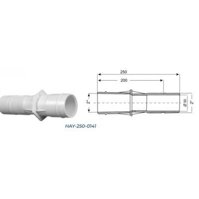 Conector de tubo branco com desenho técnico e medidas