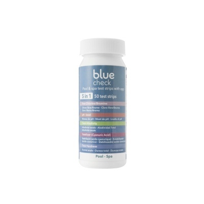 Frasco branco com rótulo azul de tiras de teste para piscina e spa