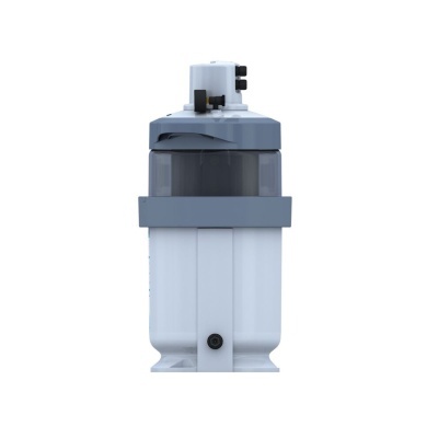 Dispositivo industrial branco e cinzento com corpo cilíndrico em fundo branco