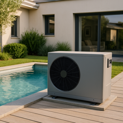 Bomba de calor cinzenta junto a piscina com casa moderna ao fundo
