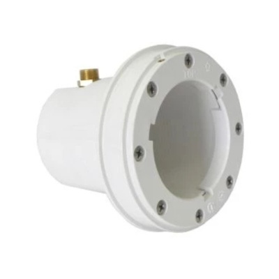 Peça mecânica branca cilíndrica com flange aparafusada e inscrição TOP e SIDE