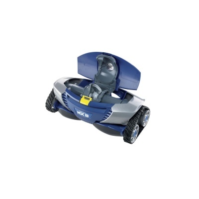 Robô azul e cinzento com tampa aberta mostrando interior mecânico